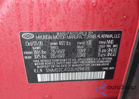 2020 Hyundai Santa Fe Se z USA, uszkodzony, nr VIN 5NMS2CAD2LH298125